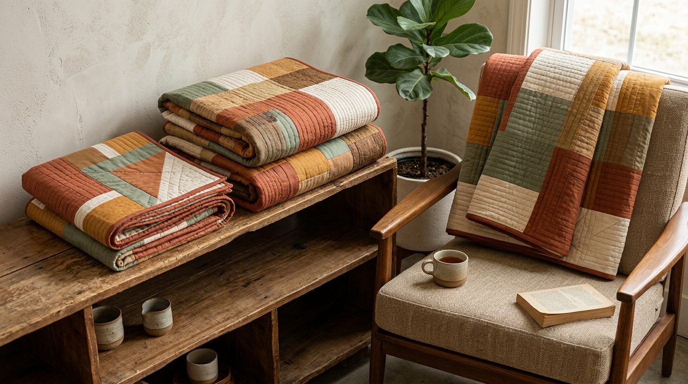 Three folded handmade modern lap quilts in wheelchair, couch throw, and oversized adult dimensions on wooden display and armchair