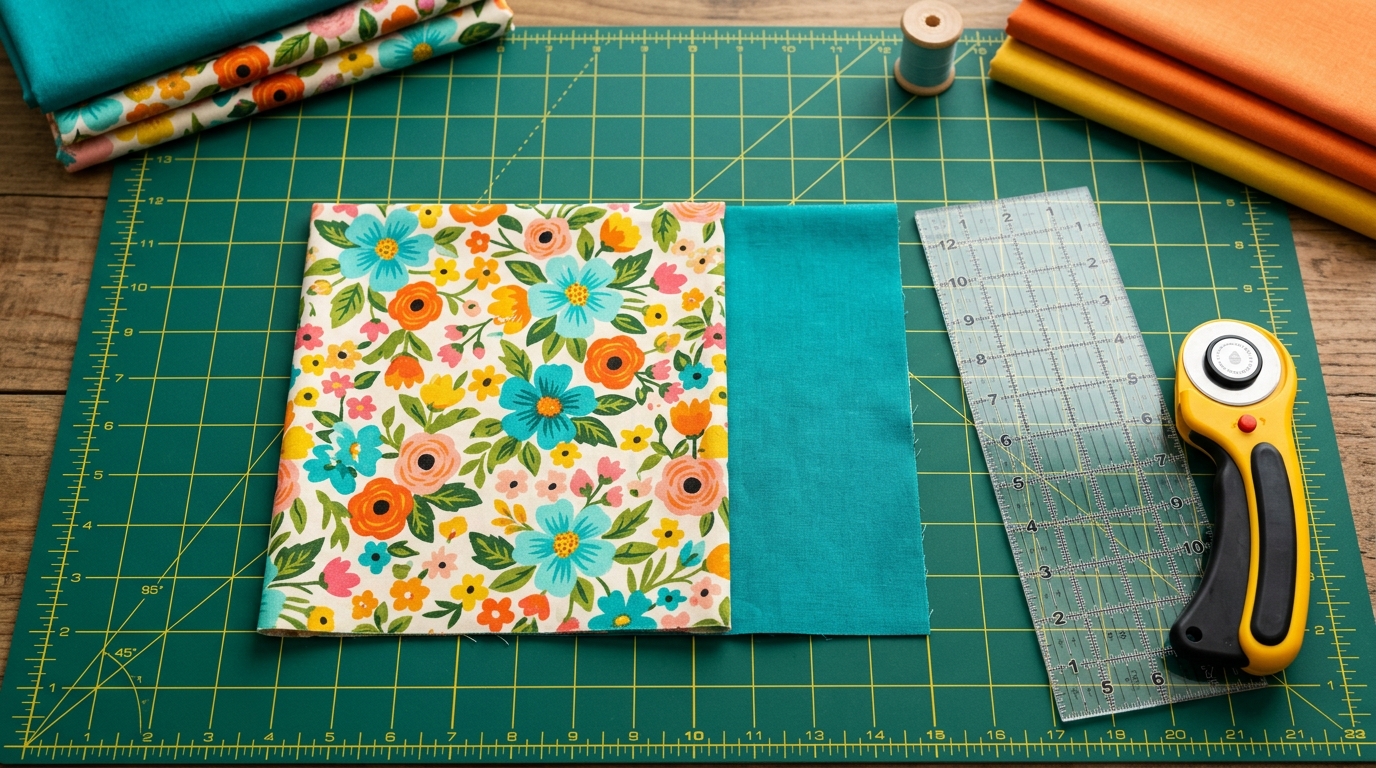 Overhead cutting layout for standard pillowcase showing 3/4 yard main body fabric and 1/3 yard contrast cuff fabric on cutting mat