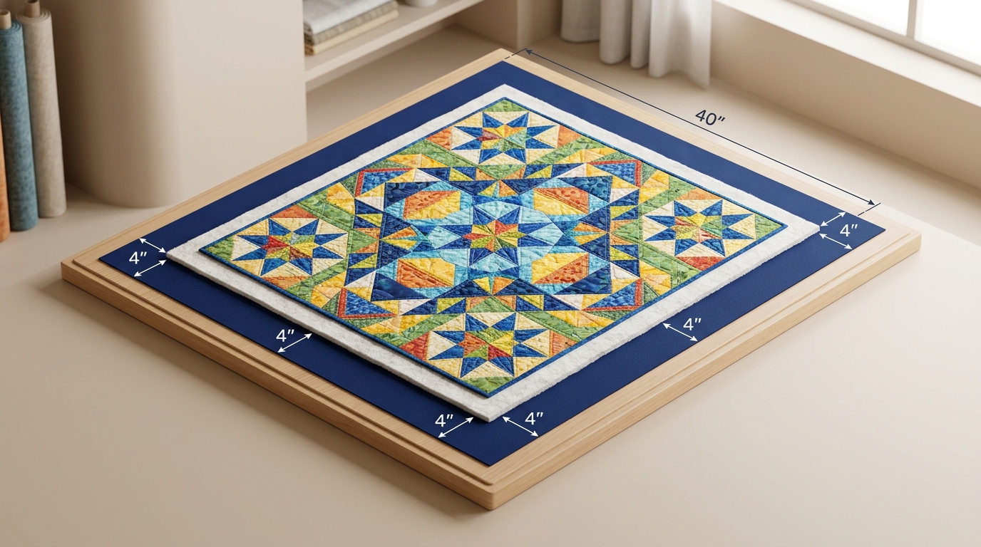3D isometric technical diagram of three-layer quilt sandwich with patchwork top, batting, and navy backing extended by 4-inch overage margins