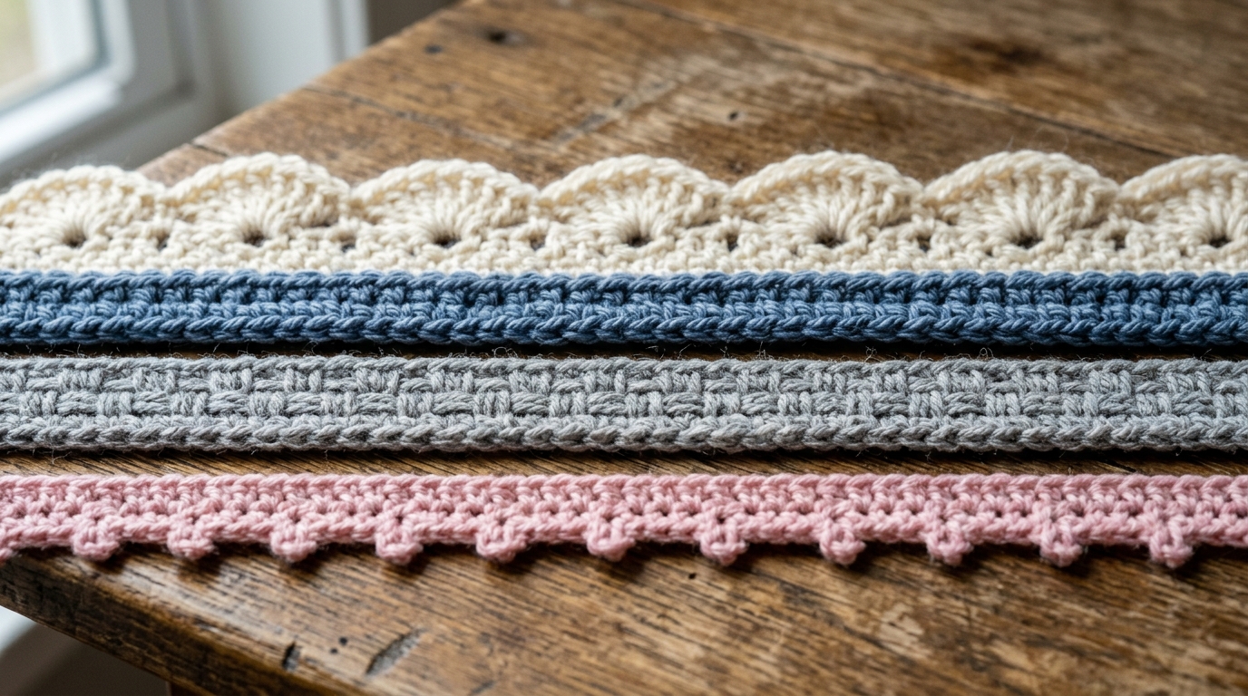 High-detail macro stitch showcase of four distinct crochet blanket border patterns on rustic wooden table: shell stitch, crab stitch, moss stitch, and picot edge