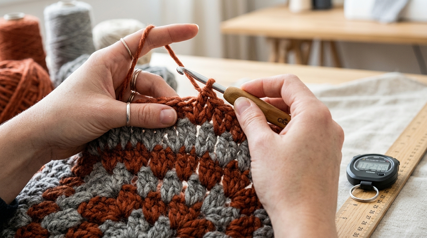 High-detail macro stitch speed trials featuring double crochet V-stitch and granny stripe clusters with stopwatch and measuring ruler