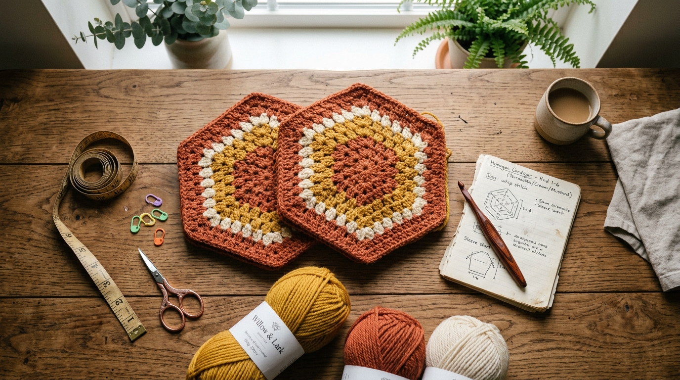 Two folded crochet granny hexagons in terracotta and mustard yarn arranged as cardigan sleeves with wooden crochet hook on rustic table