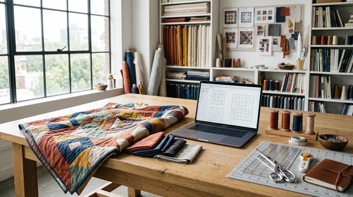 Quilt Cabana modern textile design studio with geometric patchwork quilt, drafting computer, and cutting tools