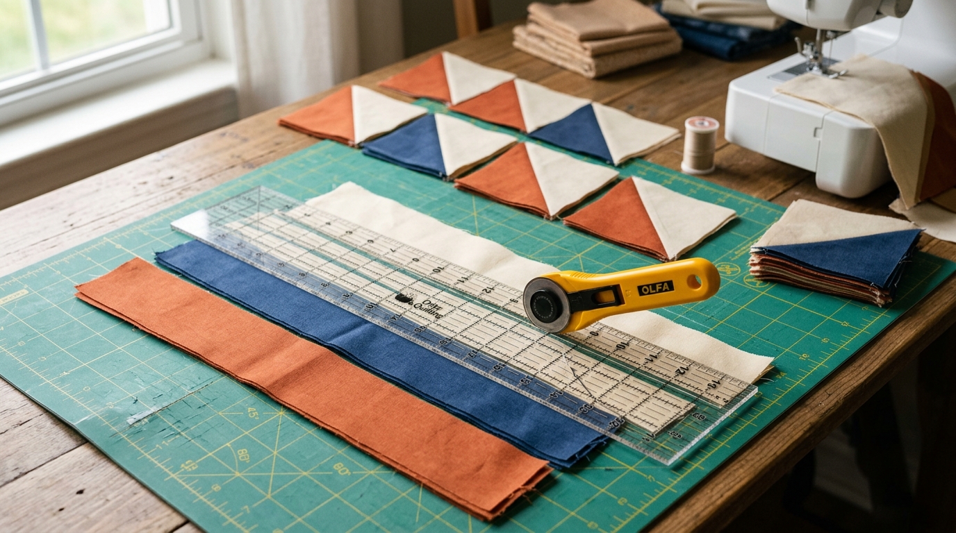 Beginner quilting workstation with rotary cutter, clear acrylic ruler, half square triangle blocks, and crisp cotton fabric strips on green cutting mat Beginner quilting workstation with rotary cutter, clear acrylic ruler, half square triangle blocks, and crisp cotton fabric strips on green cutting mat