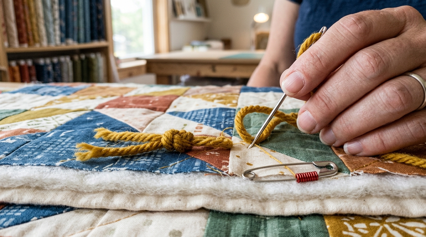 How to Tie a Quilt with Yarn: Double Surgeon's Knot Technique Macro close-up studio photograph of hand-tying a quilt sandwich using a curved tapestry needle with mustard worsted yarn and a secure double surgeon's knot