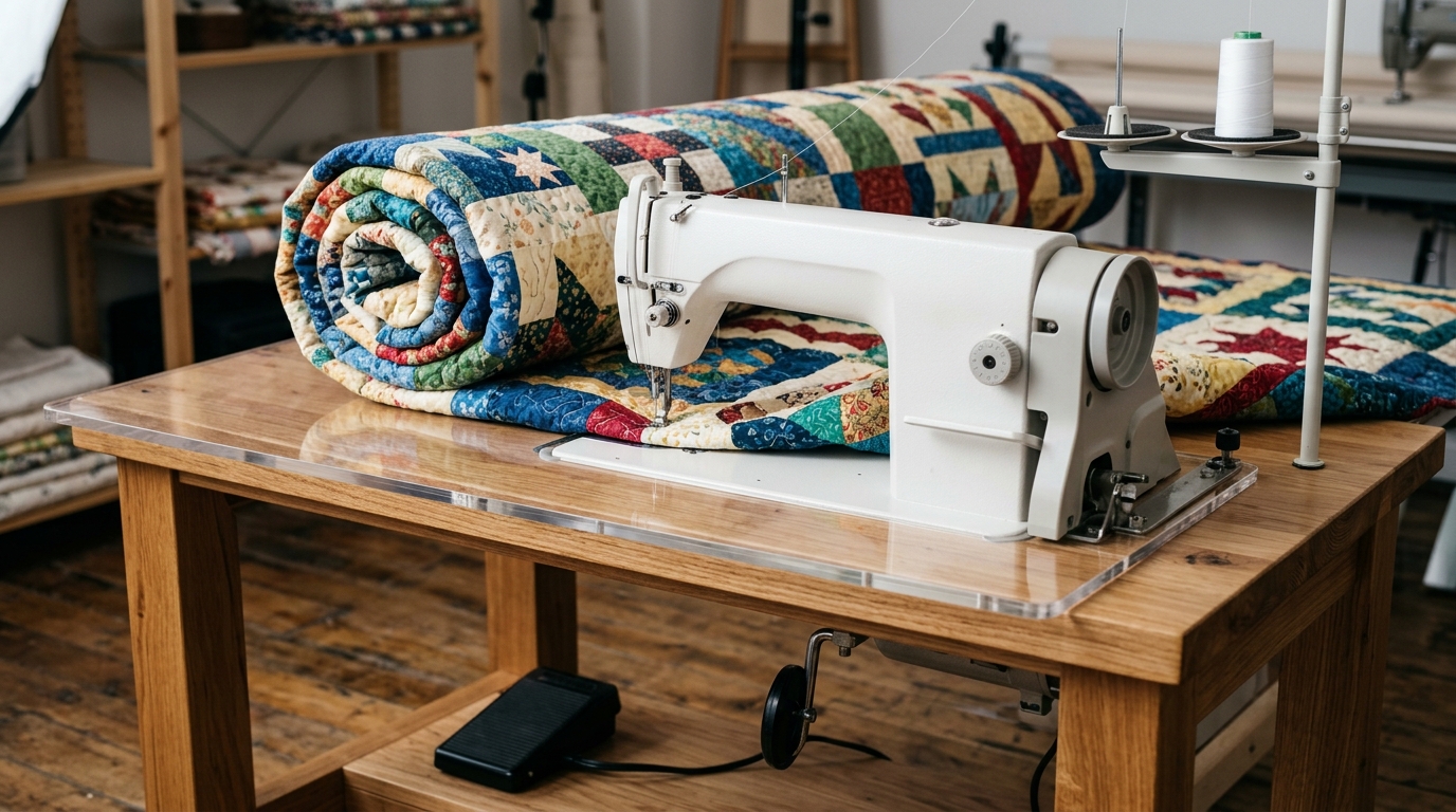 Product photography of semi-industrial large throat sewing machine with king size rolled patchwork quilt gliding through 9-inch throat clearance onto acrylic extension table