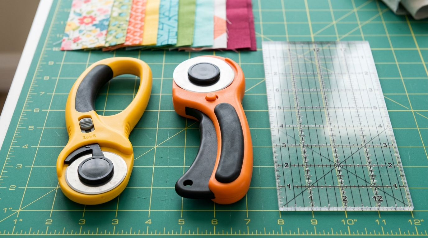 45mm vs 60mm Rotary Cutter Comparison Matrix Product macro photography of 45mm ergonomic loop rotary cutter and 60mm heavy duty cutter side by side on self healing green cutting mat with acrylic ruler and cotton strips