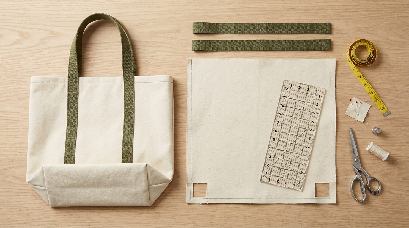 Overhead flatlay photography of sewing a canvas flat bottom tote bag showing finished structured tote bag with wide boxed flat base next to cut exterior panels with square corner cutouts
