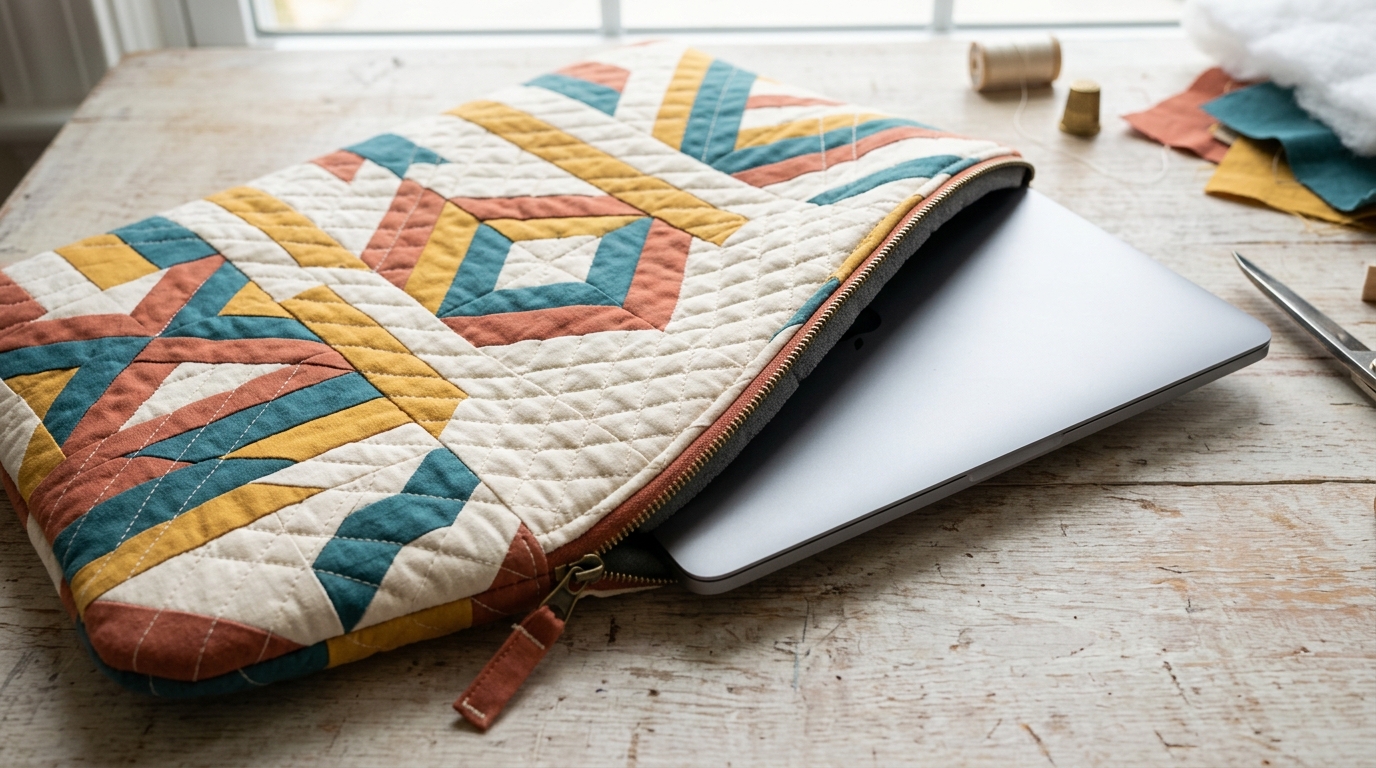 Product flatlay of completed padded patchwork zippered laptop sleeve with silver laptop sliding into top opening showing geometric pieced strips and diamond quilted stitches
